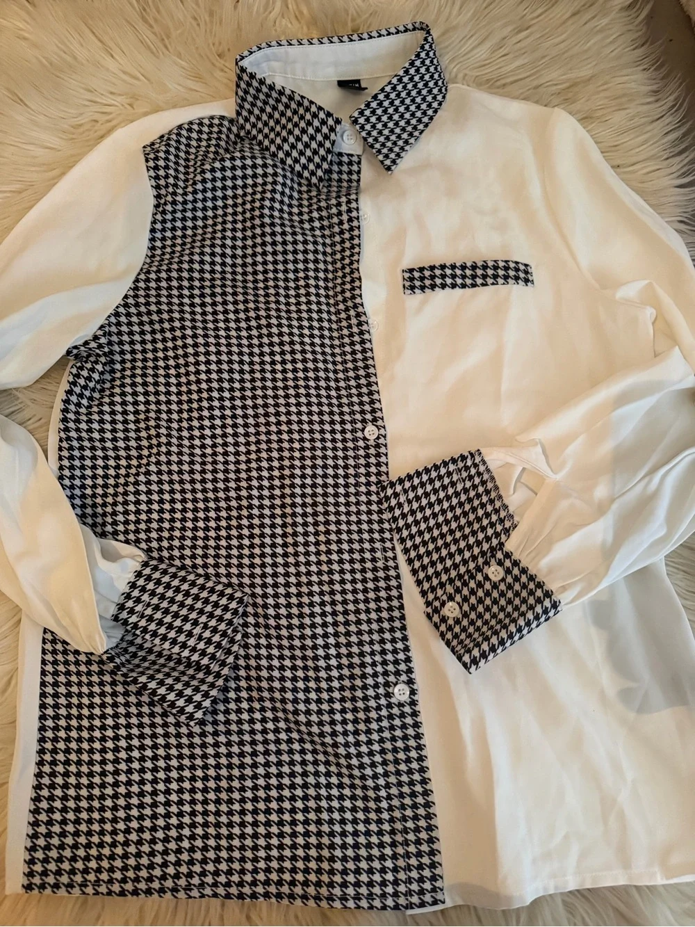 Shein Women's Two-Tone Houndstooth Contrast Button-Up Shirt - White/Black
